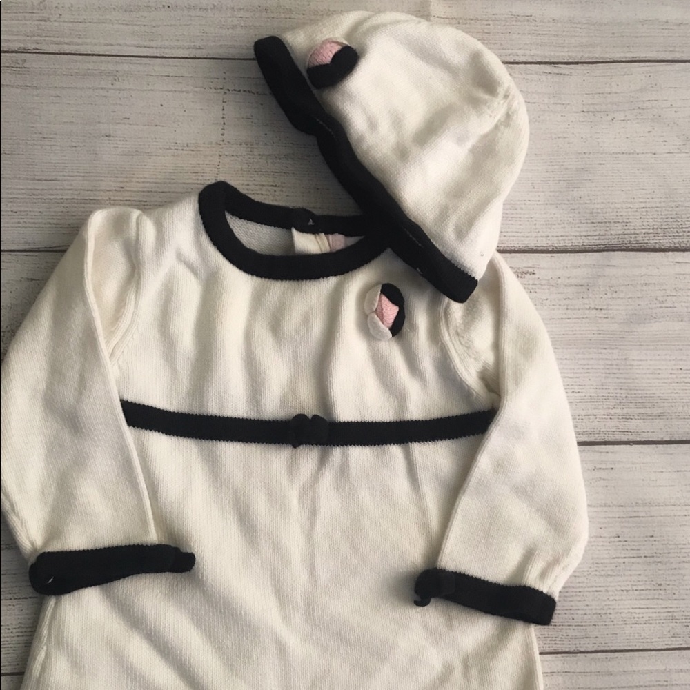 Baby white and black trim knit dress with hat